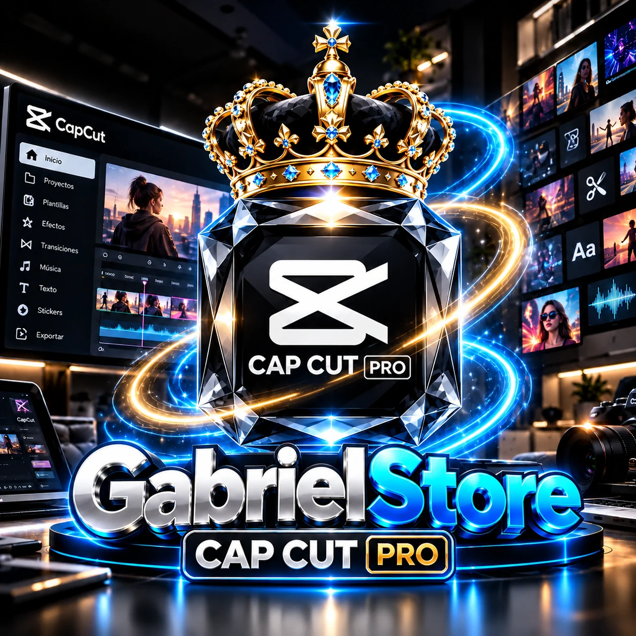 CapCut Pro · diseño especial GabrielStore en negro, azul y dorado